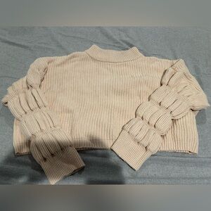 Cream Cowl Neck Sweater with Ribbed Texture and Ruched Sleeves -Small